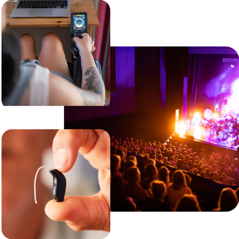 Collage of three images: a person using a laptop at a desk and adjusting the controls on their smart wheelchair, a hand holding a Bluetooth enabled hearing aid, and an audience watching a live stage performance in a theatre.